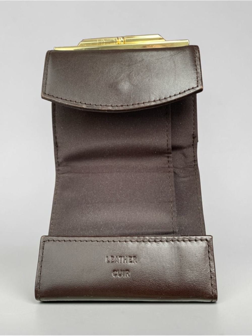 Leather Coin Wallet with Gold Frame - Brown